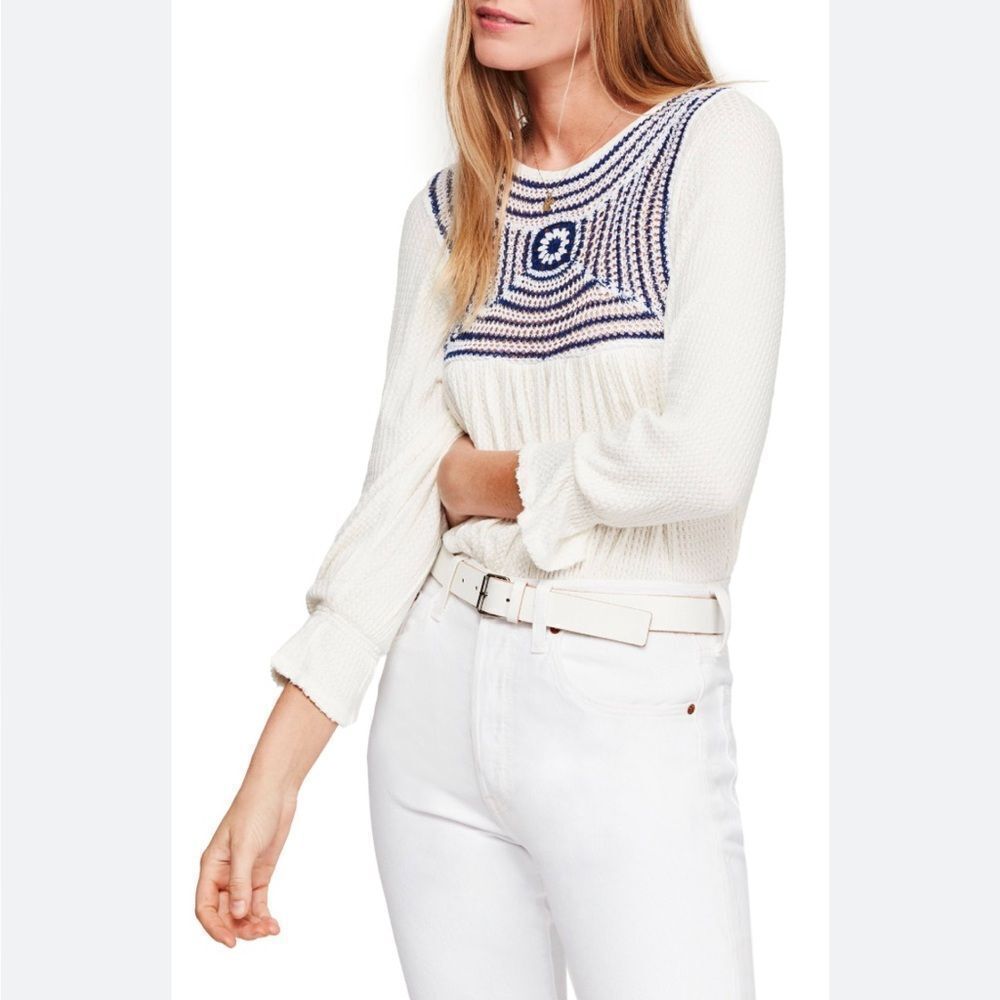 Free People Soul Mate Knit Hi-Lo Thermal Long Sleeve Top, Blue/White, Size Small